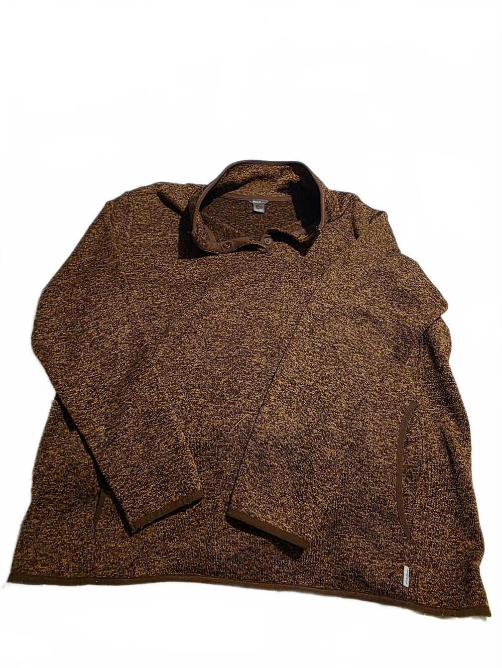 Vtg Eddie Bauer Brown Knit 1/4 Button Pullover Sweater Jacket Men's Size 2XL